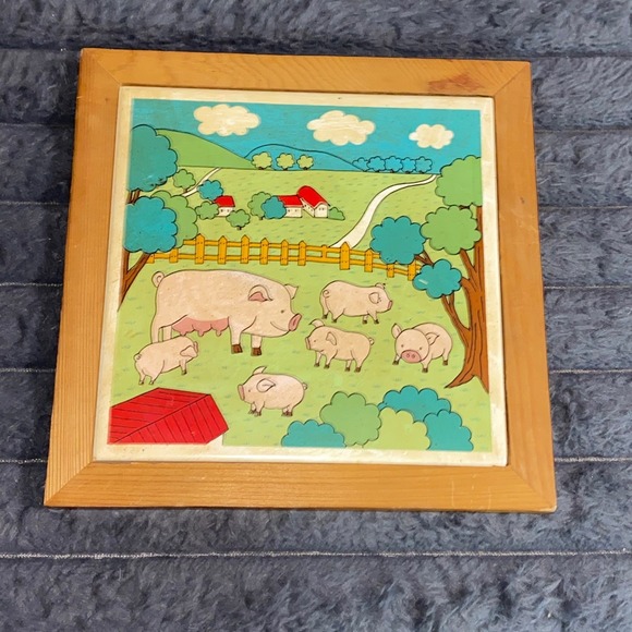 Other - Vintage Tile Trivet Wall Hanger Kitchen Decor Funny Farm Pig piglets 7  x 7